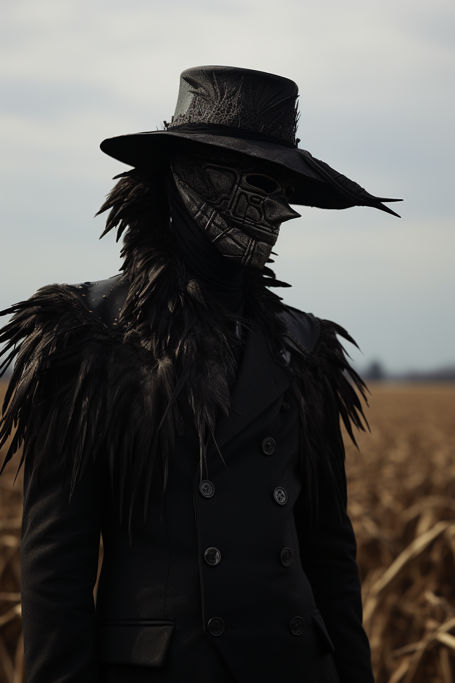 Surrealistic scarecrow in field with crows, evil gothic.