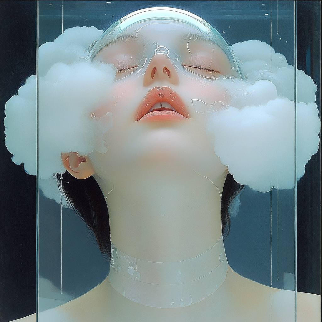 Surrealistic style, cut woman's head, white clouds, simple shapes