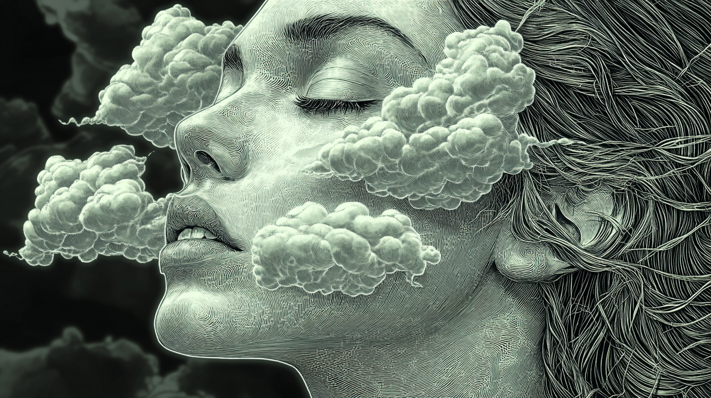 Surrealistic style, woman's head cut in half, clouds.