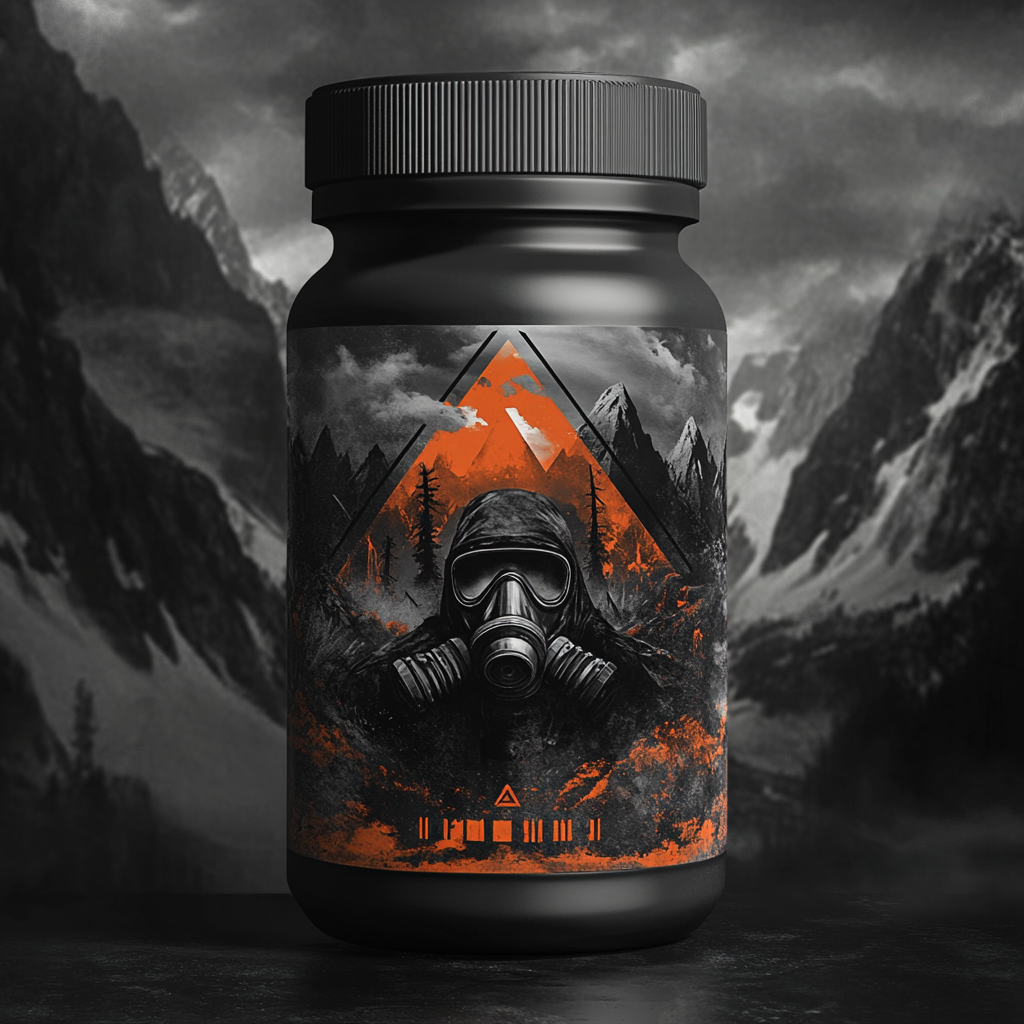 Survival-inspired pre-workout label with rugged, powerful design.