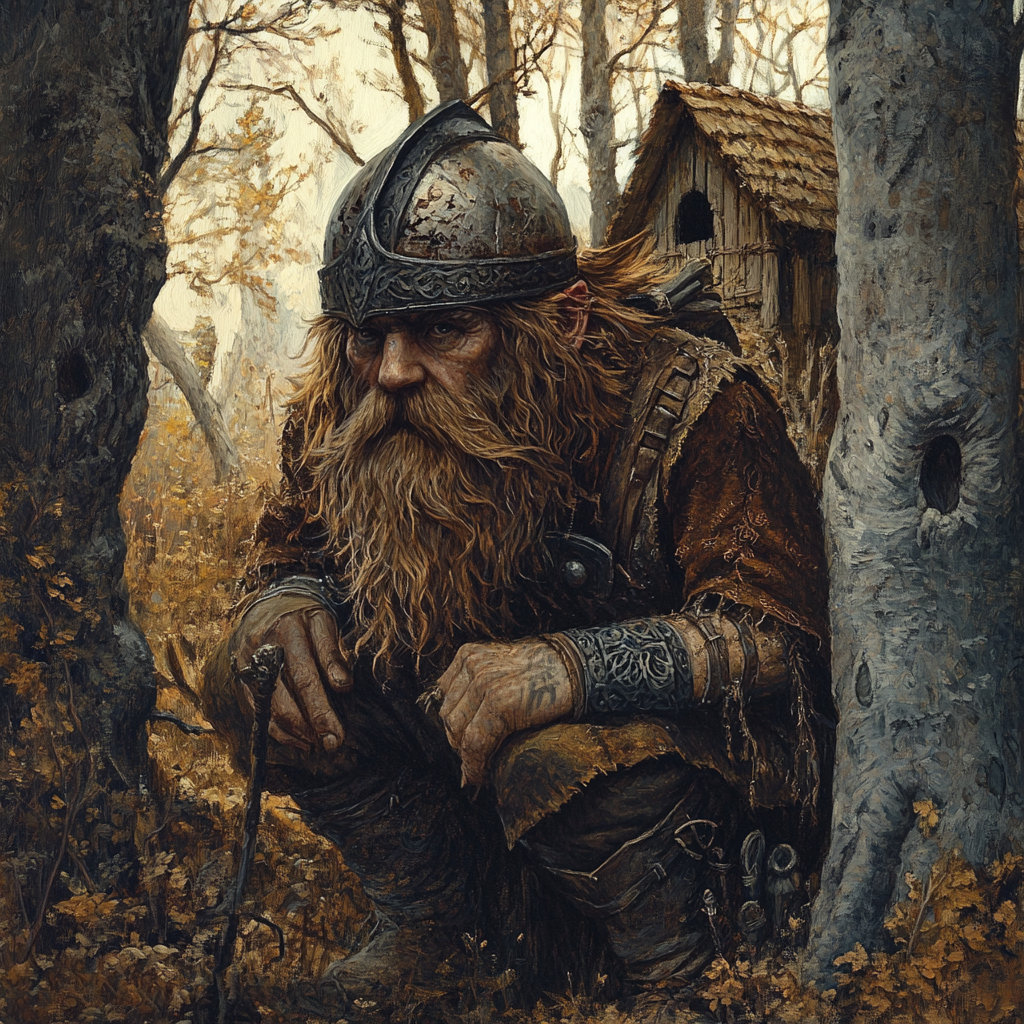 Survivalist dwarf in bronze helmet in dead forest portrait.