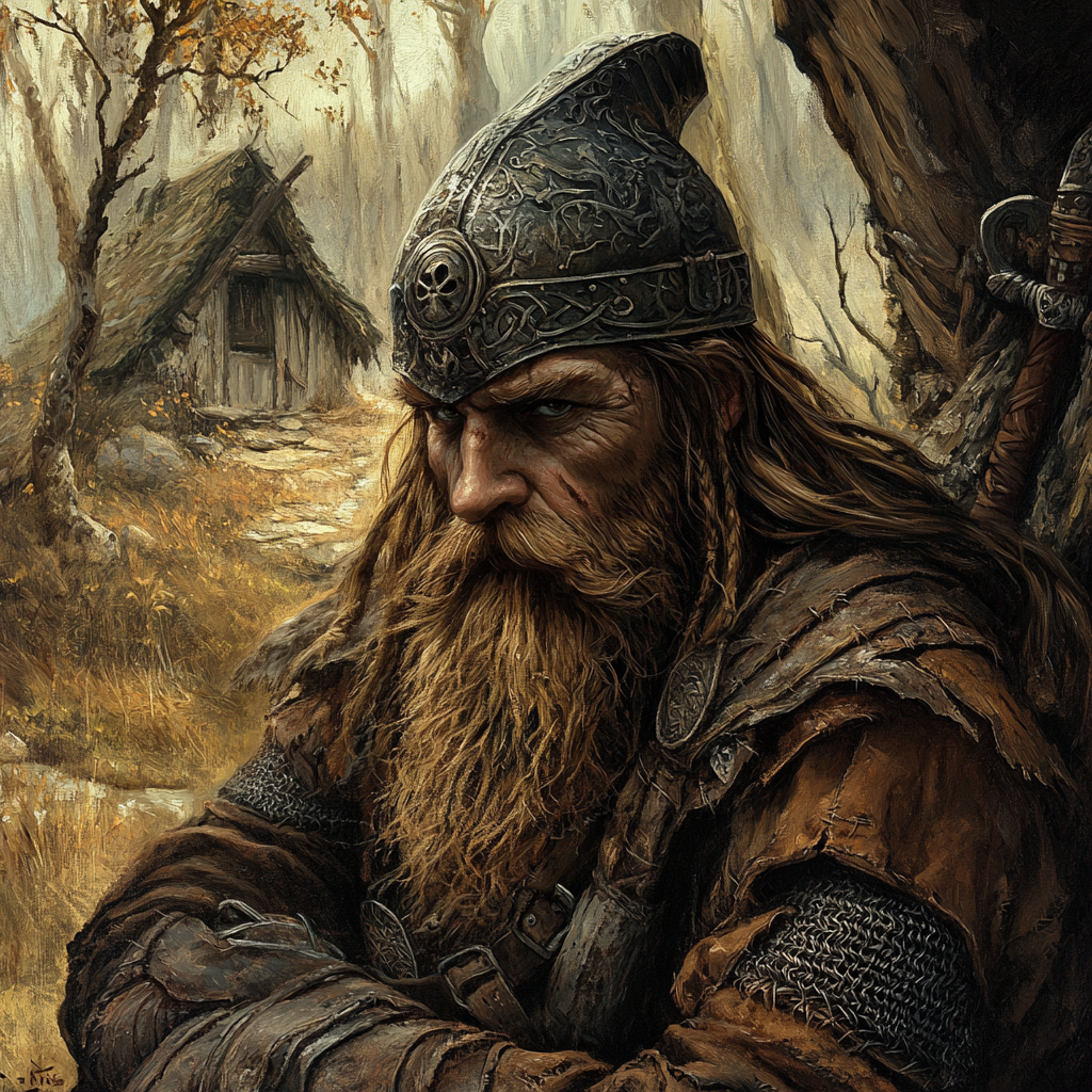 Survivalist dwarf in patched tunic, metal helmet, dry forest.