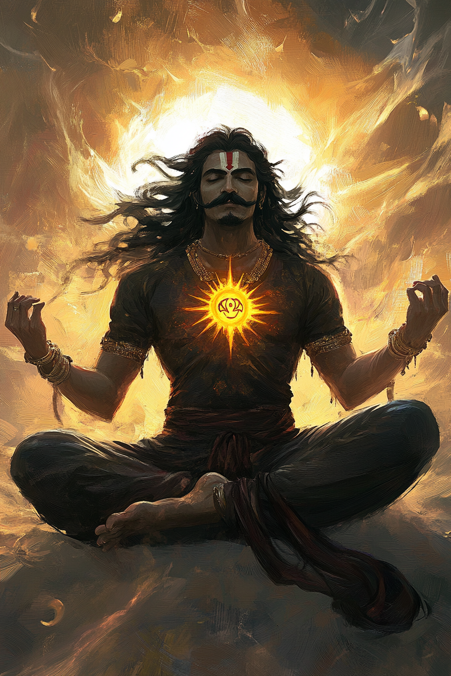 Surya Putra Karna meditating with sun symbol chest.