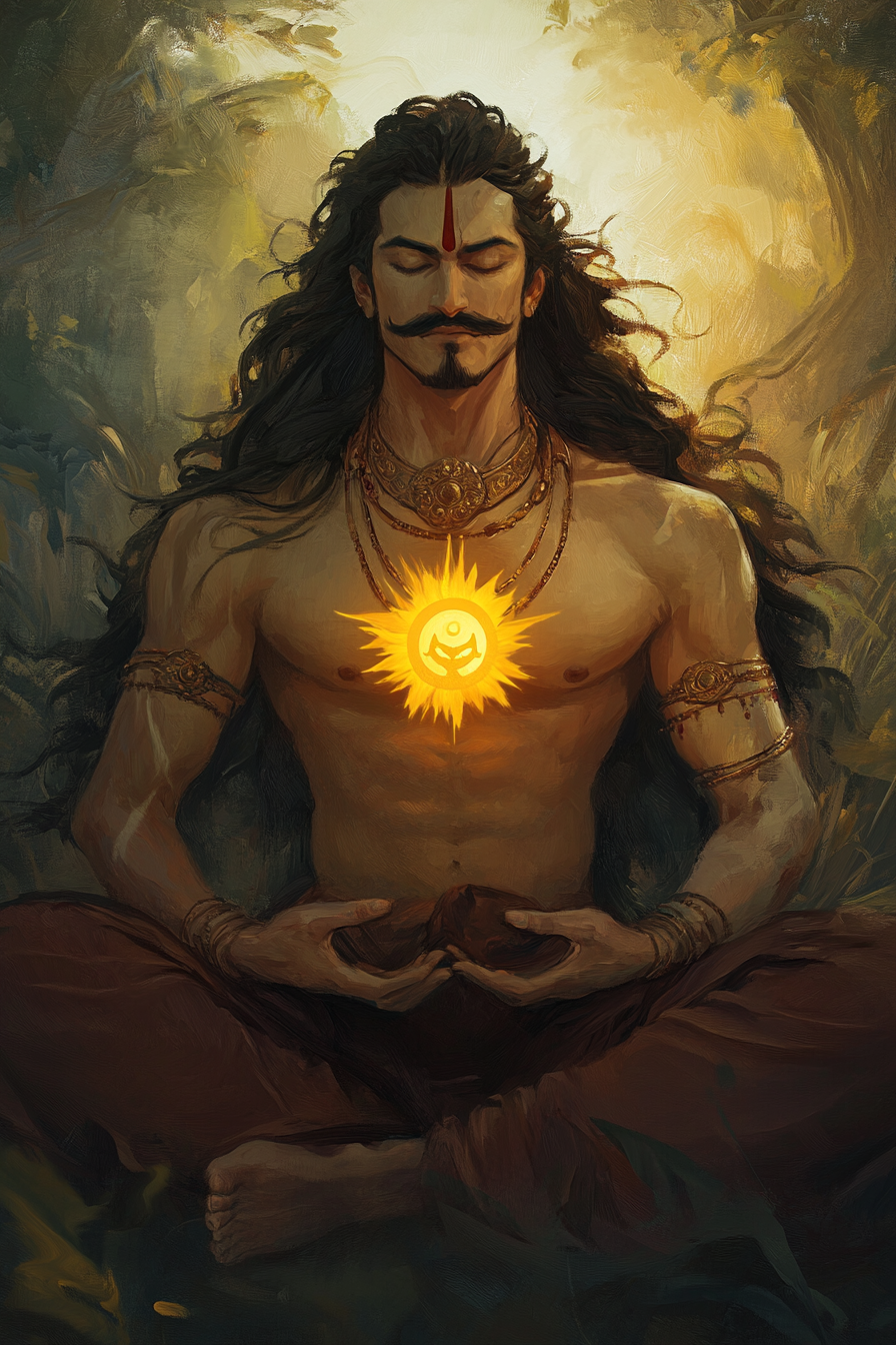 Surya putra Karna meditating in jungle with glowing sun.