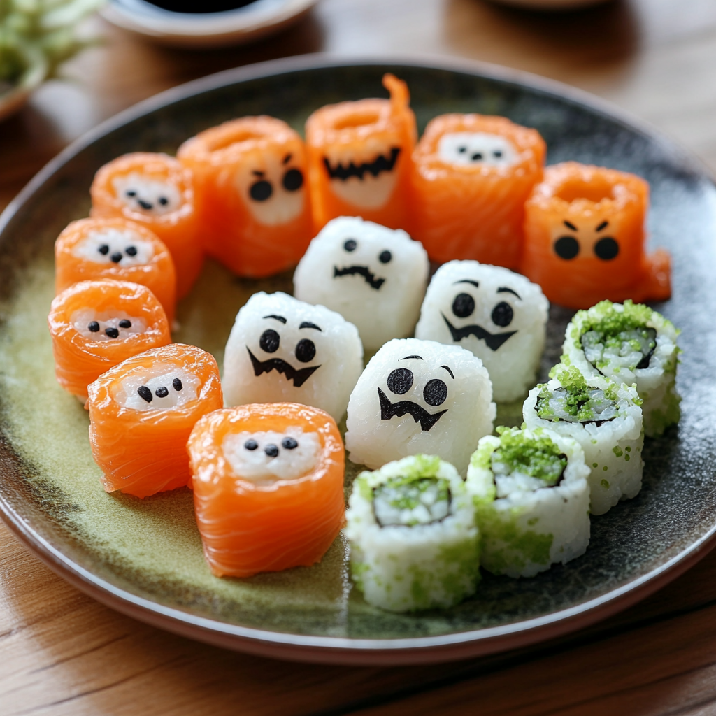 Sushi platter with spooky Halloween shapes and wasabi slime