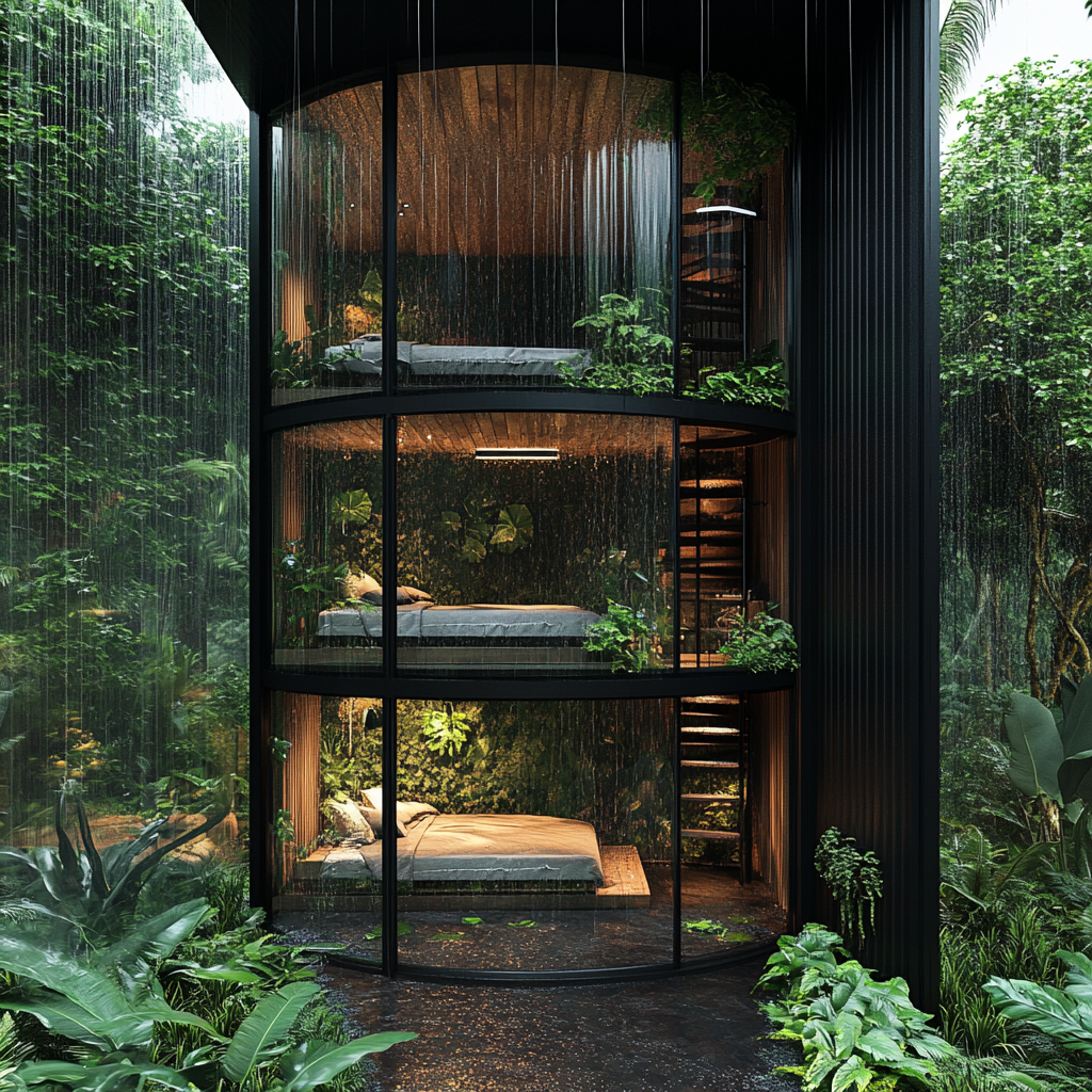 Sustainable cabin in rain forest, with garden and beds.