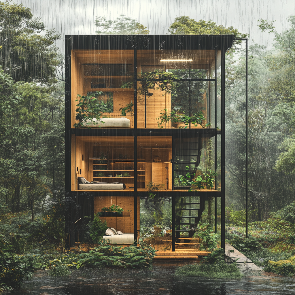 Sustainable cabin in rainforest with exterior garden, bunk beds.