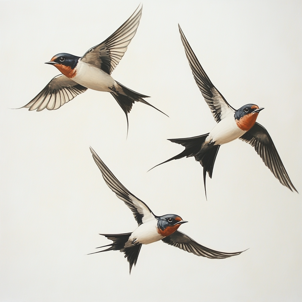 Swallow birds fly together in oil painting.