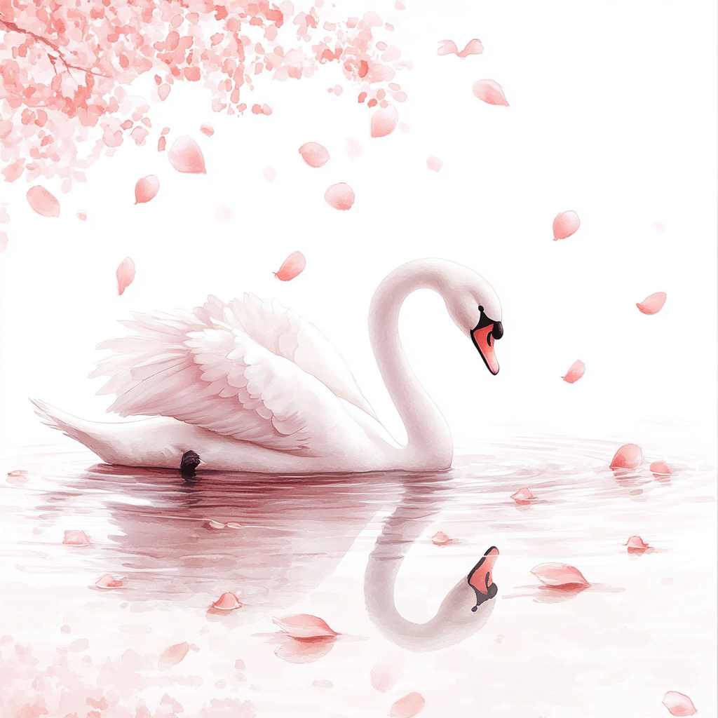 Swan floating with pink petals in watercolor art