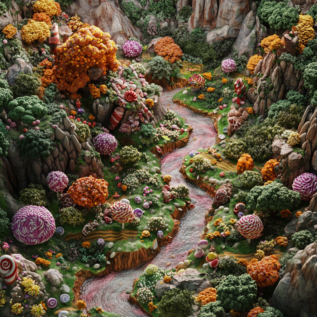 Sweet Candyland Landscape: Chocolate Rivers, Lollipop Trees