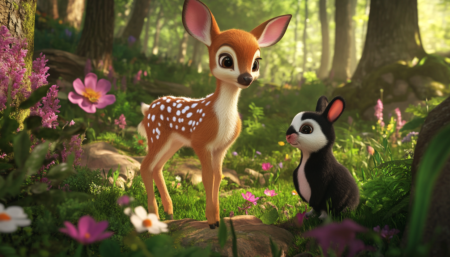 Sweet Fawn Meets Rabbit and Skunk in Forest