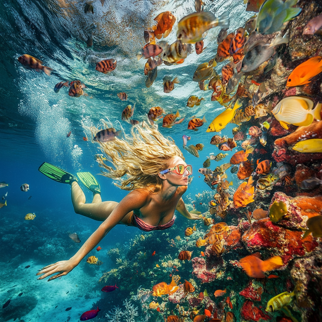 Swimming Woman with Colorful Fish in Caribbean Ocean