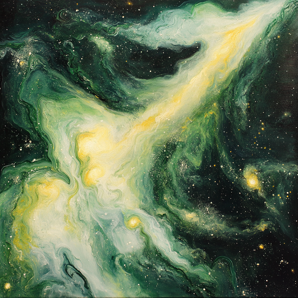 Swirling galaxies in white, green, and yellow hues dance.