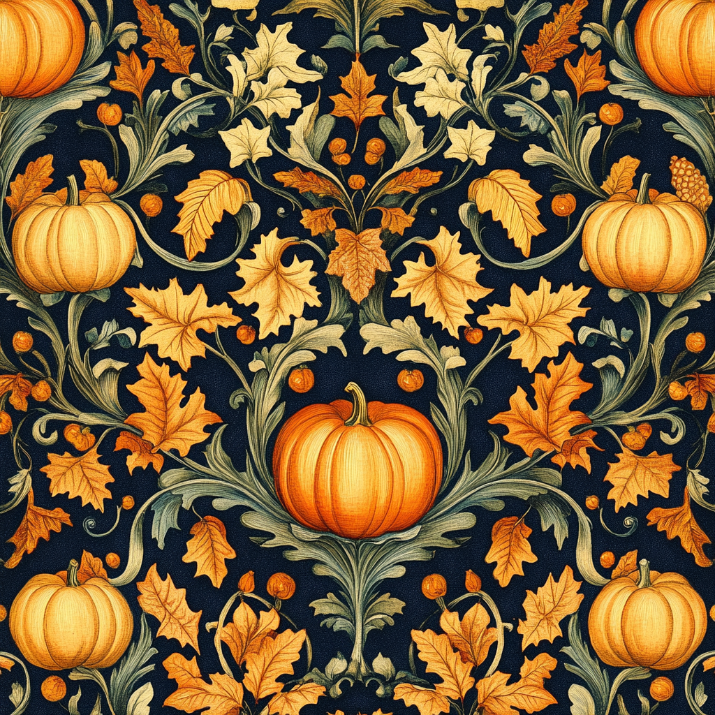 Swirling golden leaves and orange pumpkins in repeating tile.