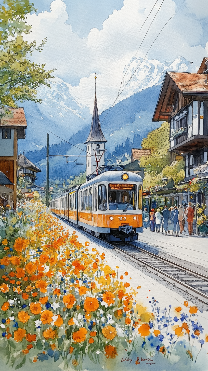 Swiss small train painting in bright colors, spring atmosphere.