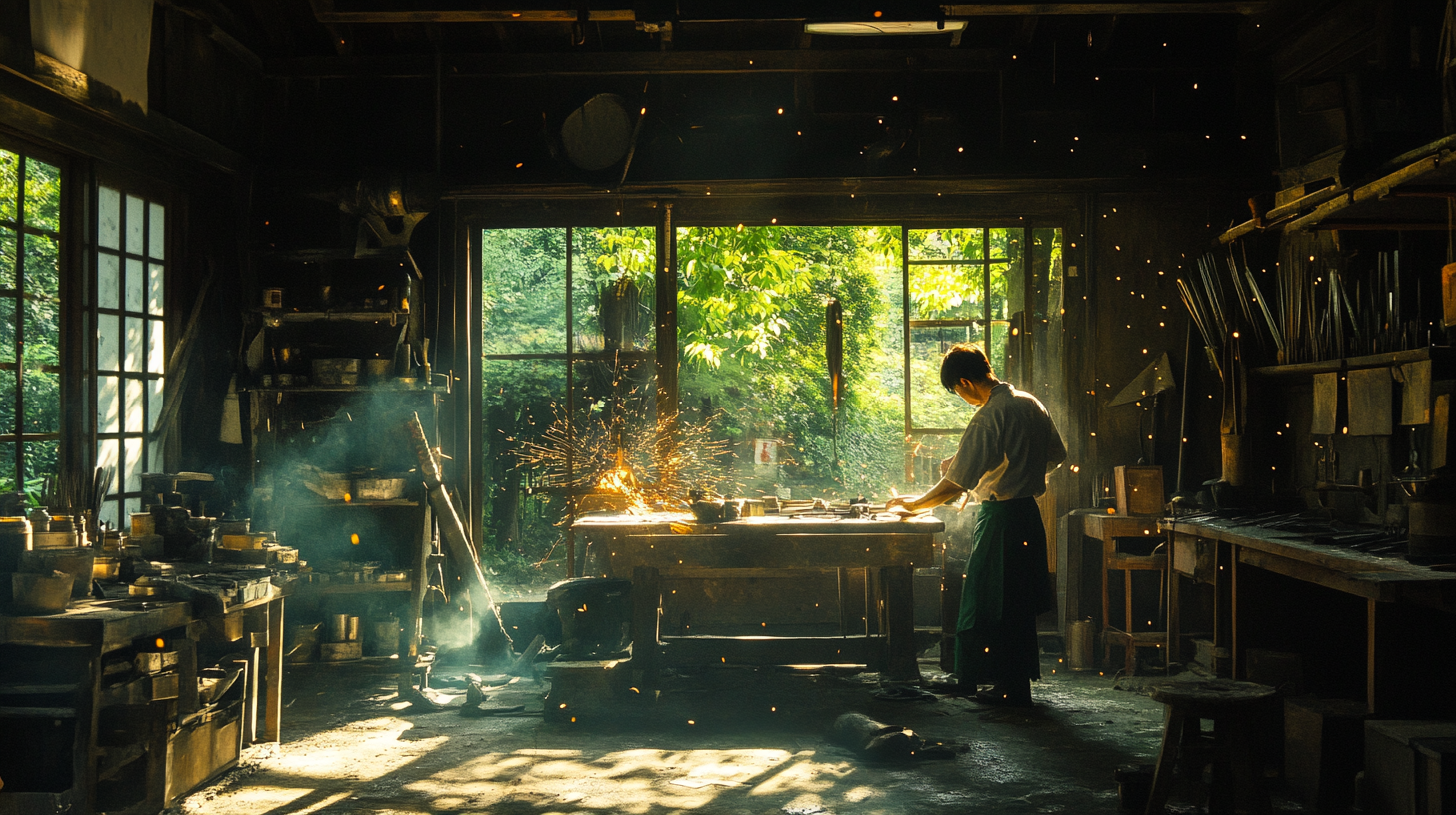 Swordsmith workshop in Japanese mountains. Hot air, sparks fly.