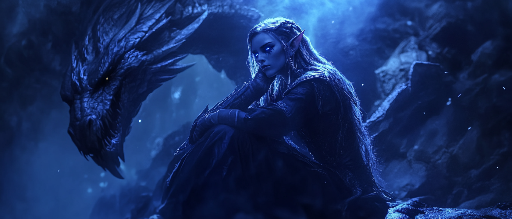 Sylvanas Windrunner resting in dark cave with dragon.