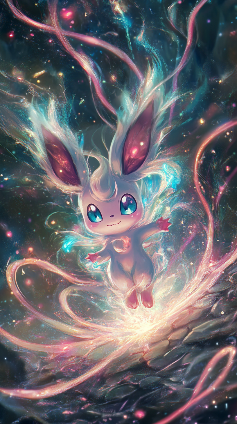 Sylveon hatching from egg, surrounded by magical ribbons.