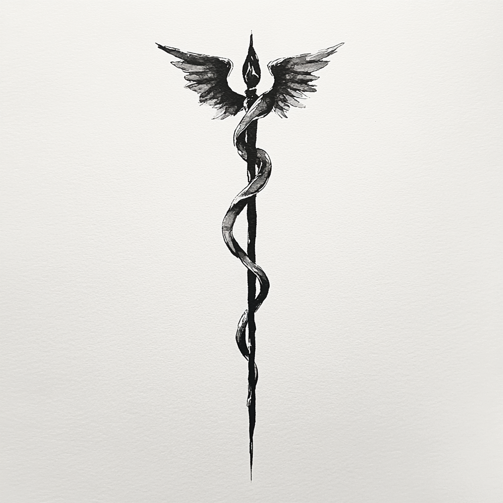 Symbolic Black Ink Painting: Caduceus of Balance