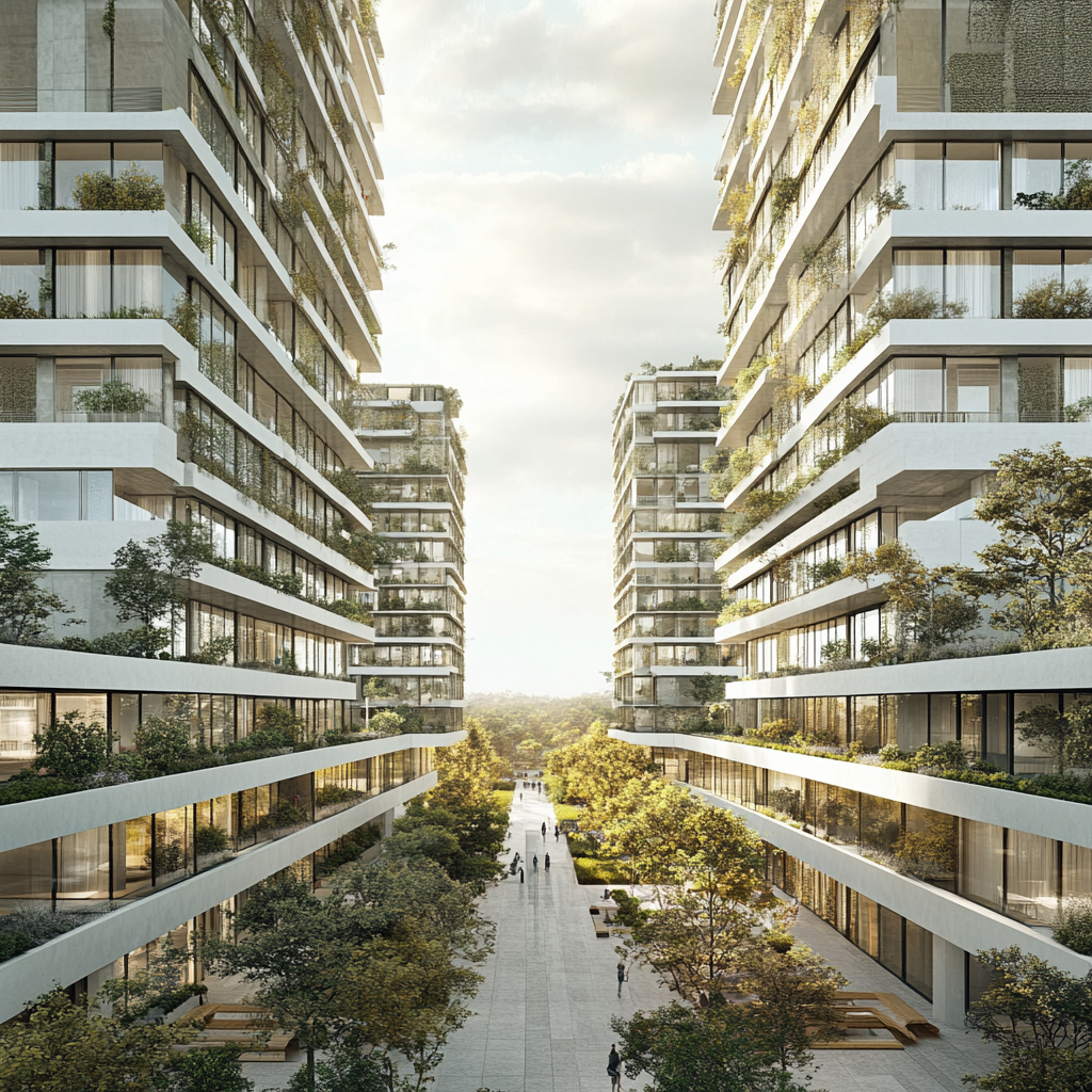 Symmetric modern buildings with balconies, lush green walkways.