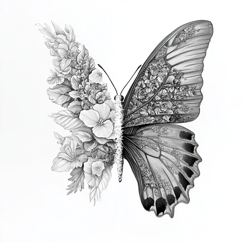 Symmetrical Black-and-White Butterfly Wing with Floral Transformation