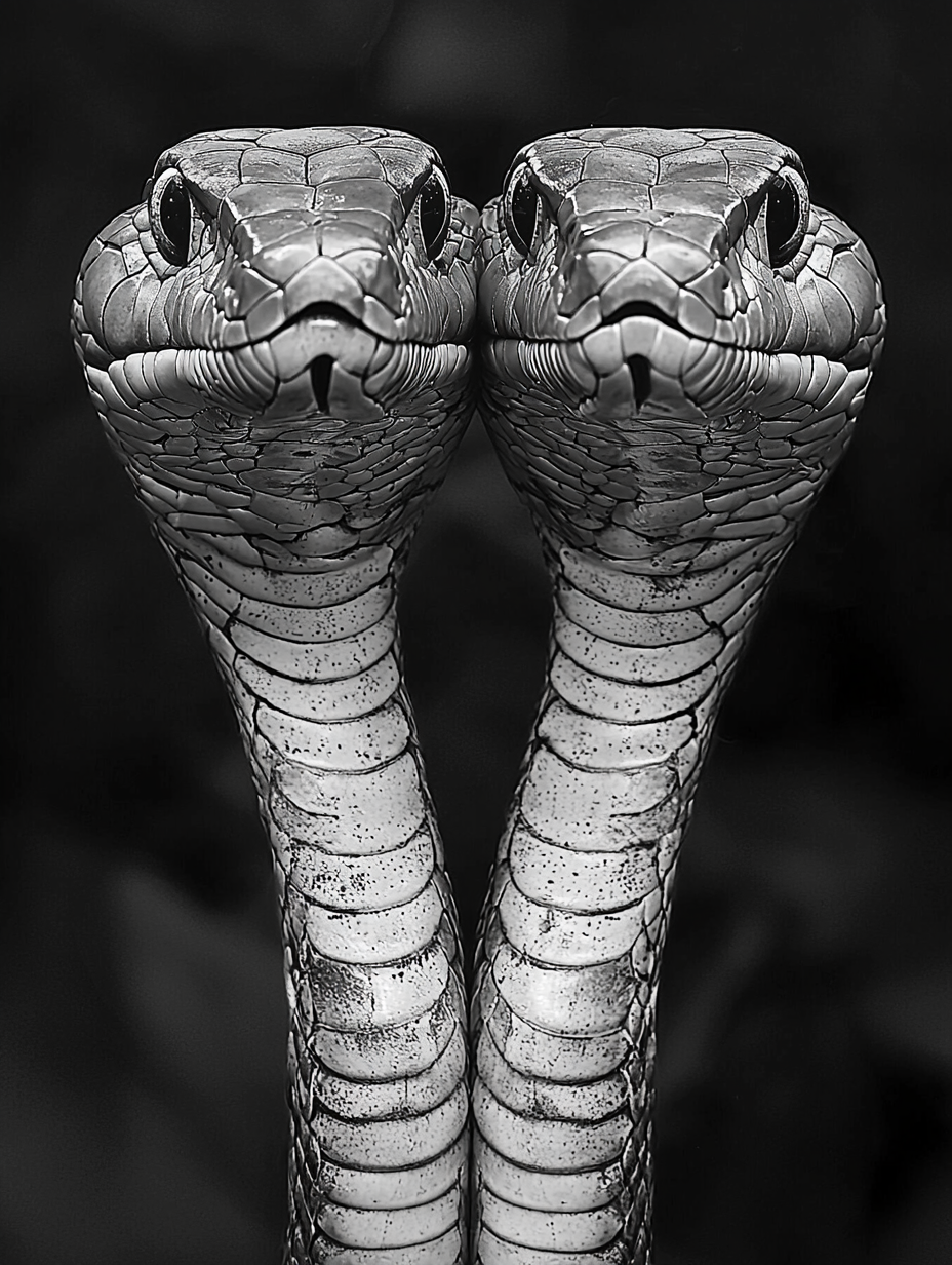 Symmetrical Two-Headed Cobra Photography in Black and White