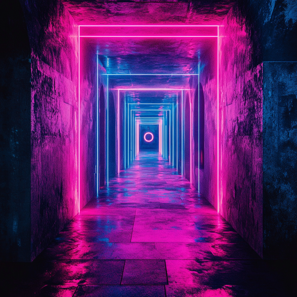 Symmetrical geometry leads to neon-bright portal light.