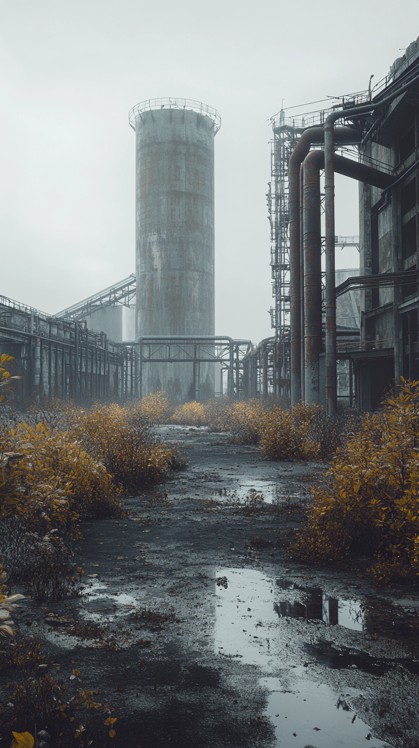 Symmetrical industrial complex in dystopian setting with overgrown vegetation.