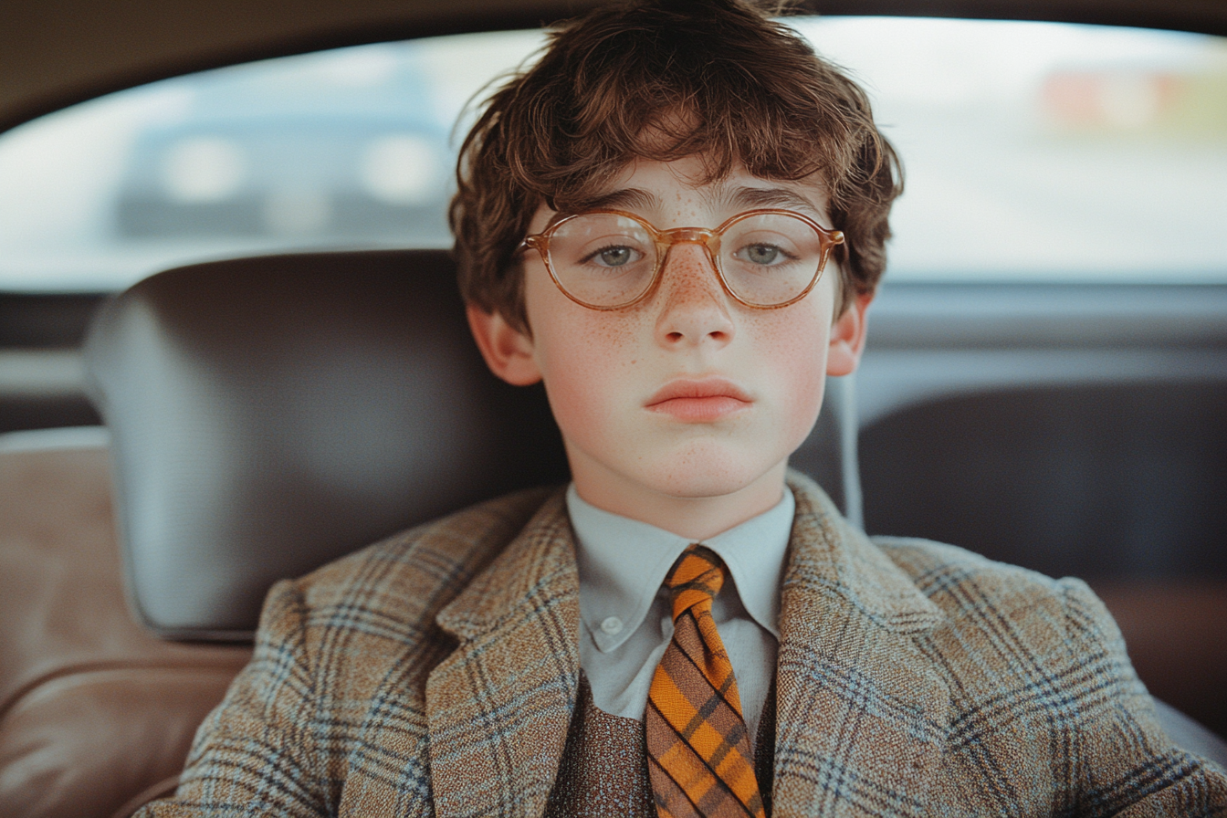 Symmetrical shot of nerdy boy in car, Wes Anderson.