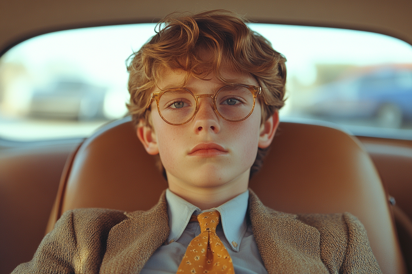 Symmetrical shot of nerdy teen in back of car.