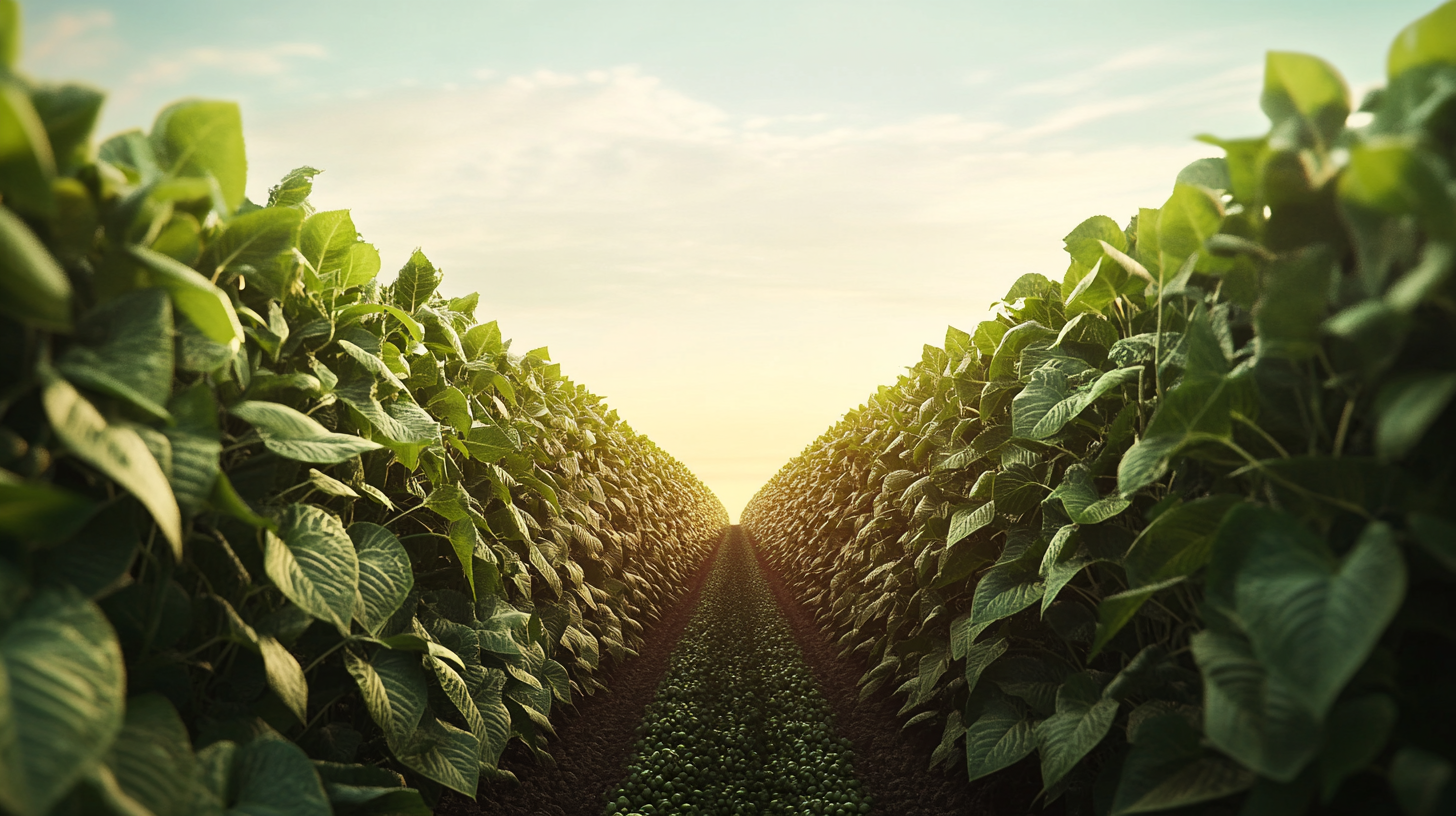 Symmetrical soybean plantation in all 4 seasons, cinematic finish.