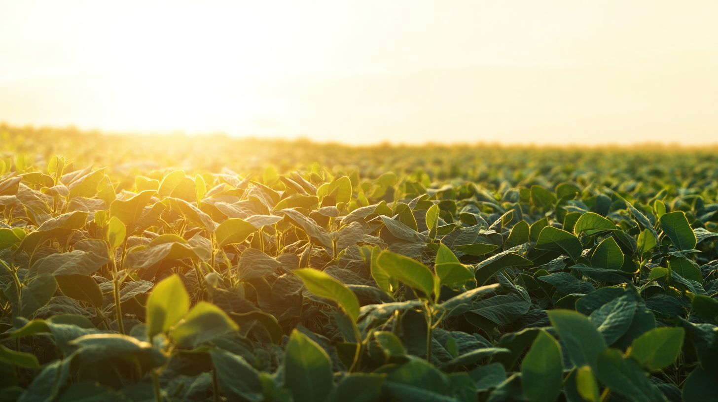 Symmetrical soybean plantation stretching to horizon, cinematic finish.