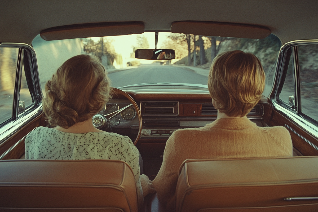 Symmetry shot of Mom and Dad driving car.