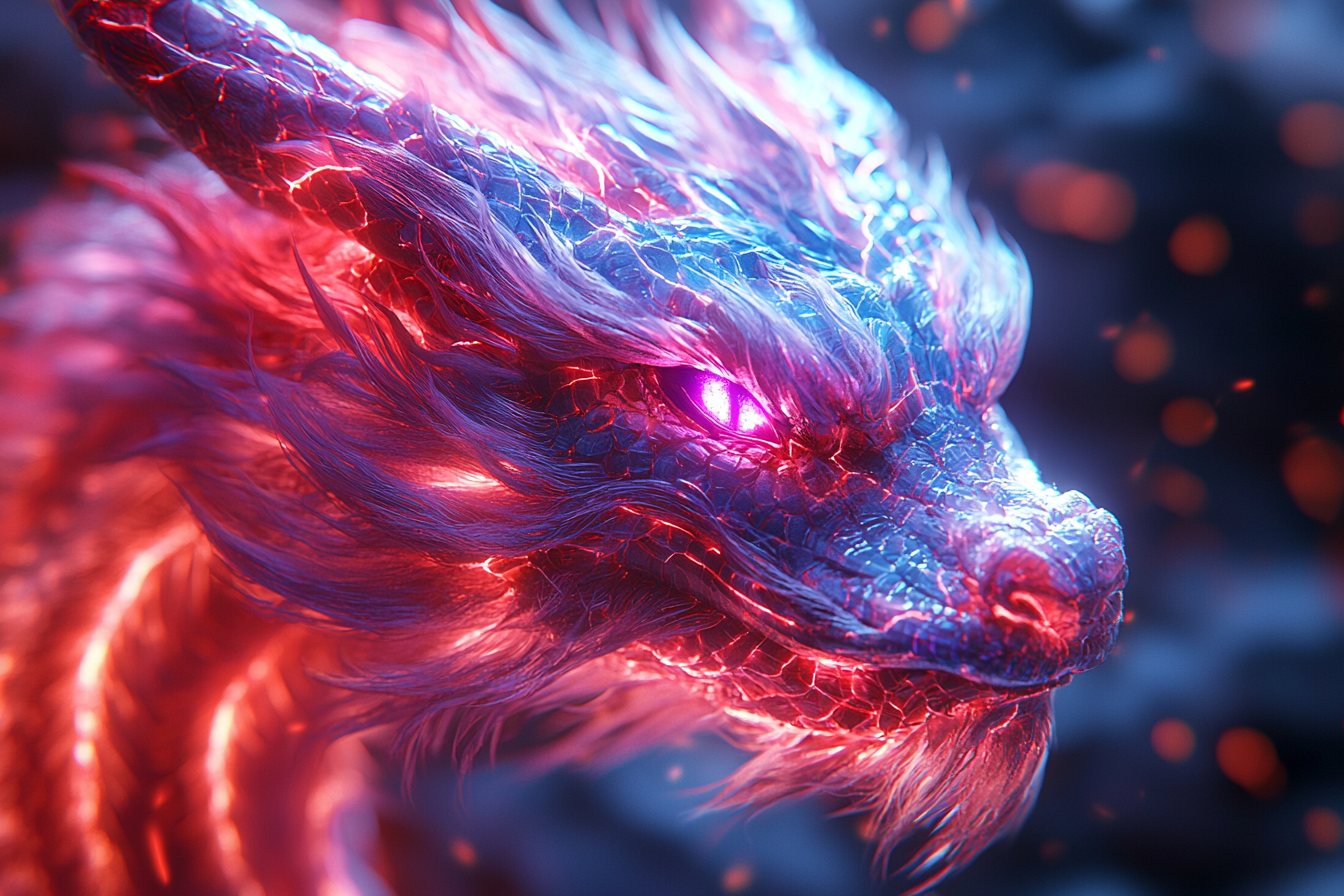 Synthwave 3D cartoon dragon made of neon fibers.