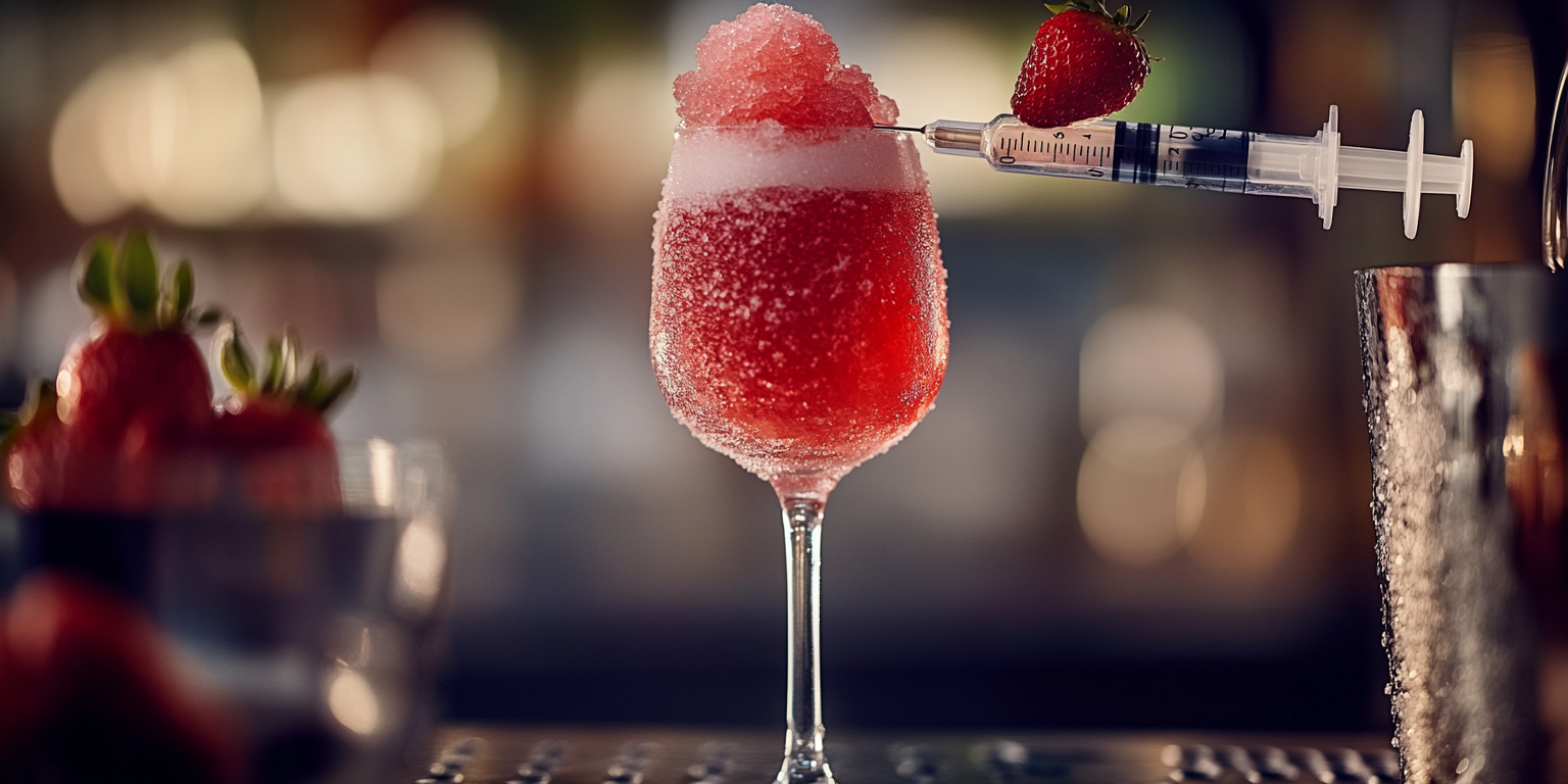 Syringe injecting red slushy into champagne glass, strawberry garnish.