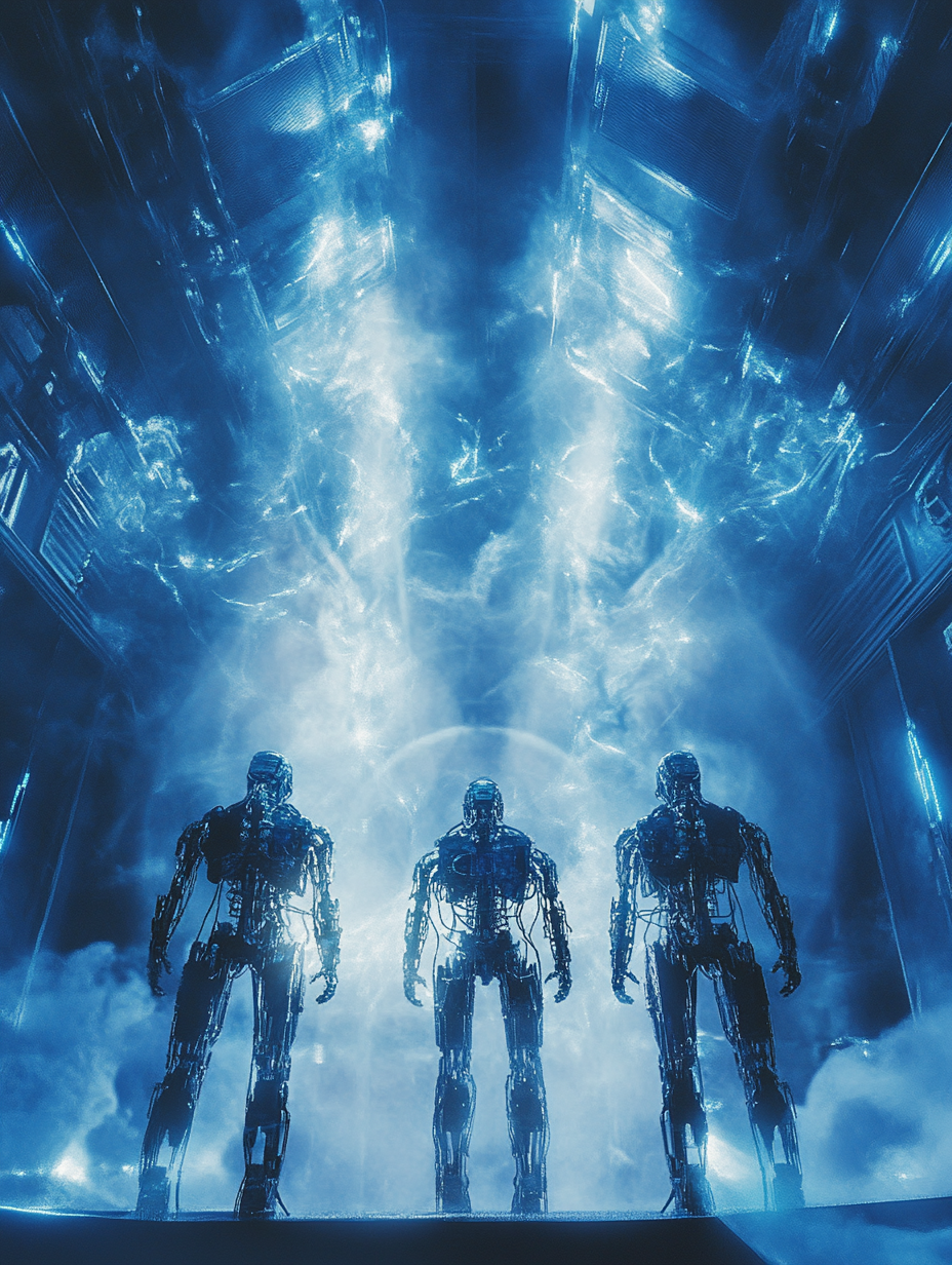 T-800 cyborgs at time portal with T-2 endoskeleton.