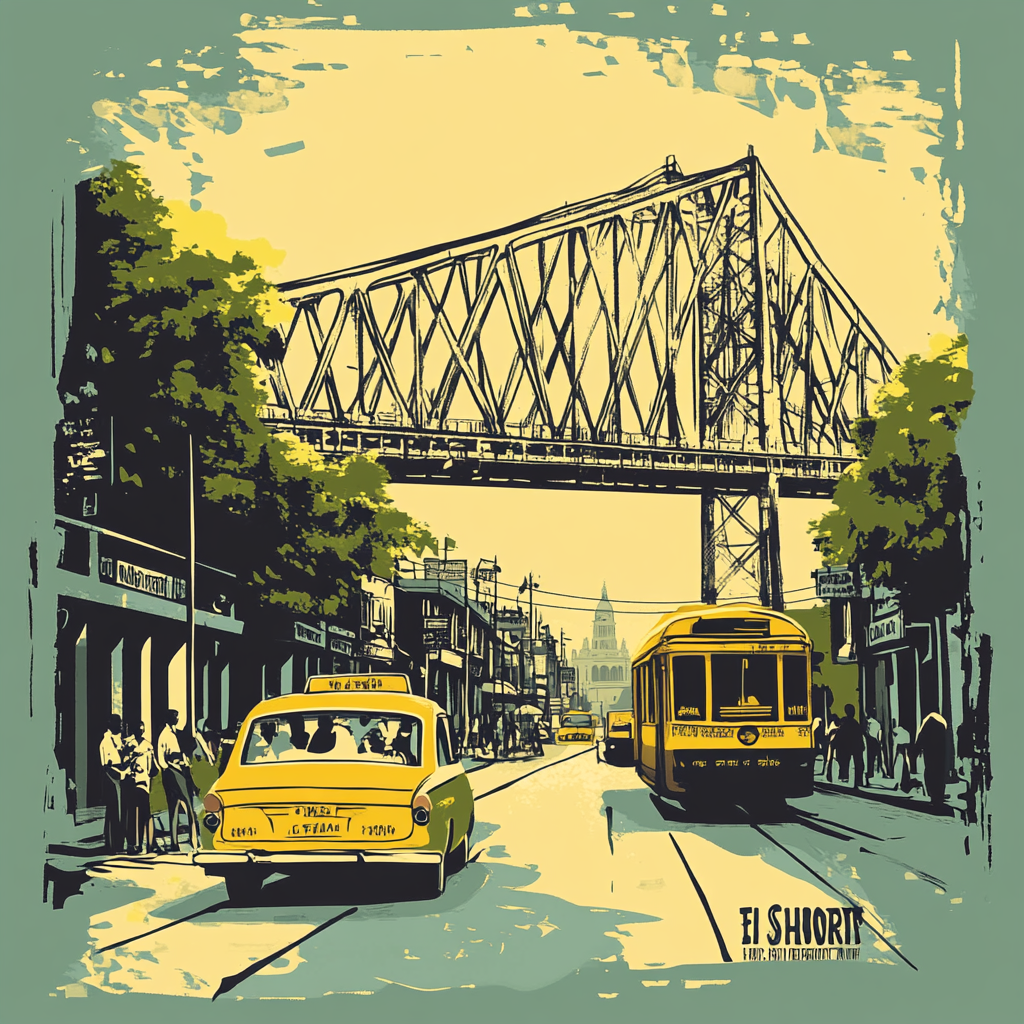 T-shirt design showcasing Kolkata with vibrant colors, landmarks.