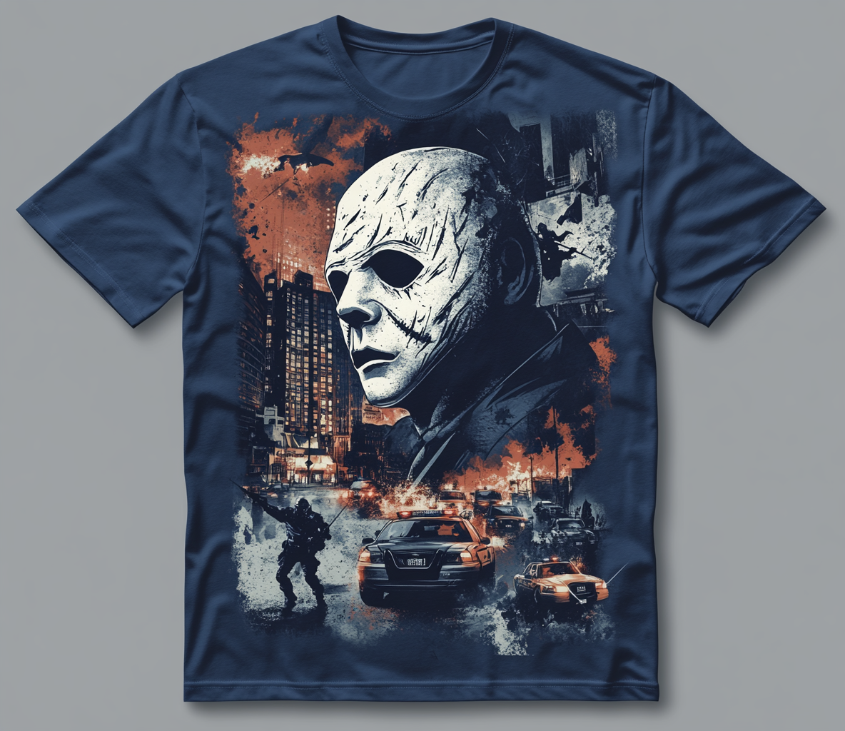 T-shirt design showing action movie characters in cityscape.