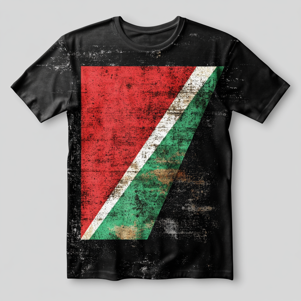 T-shirt design with large red triangle, green and black.