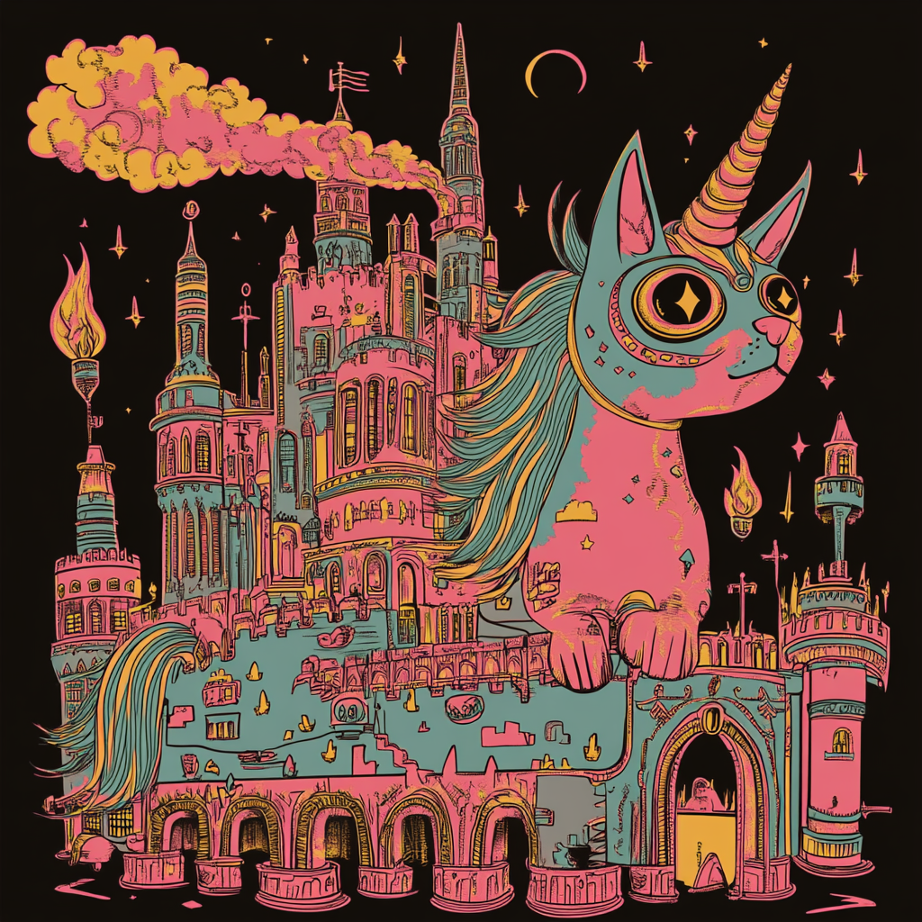 T-shirt design with unicorn cat, light pink, fire.