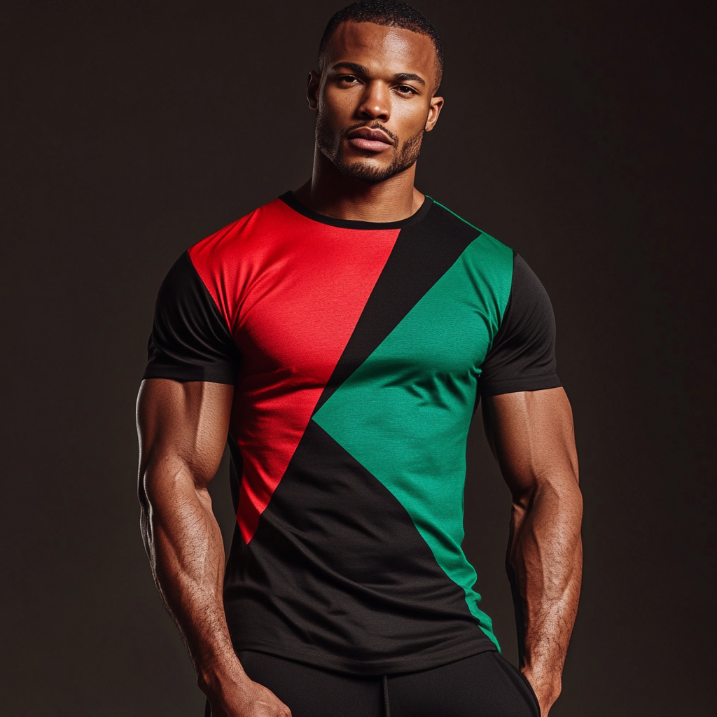 T-shirt with red triangle, green and black design. Bold colors on athletic man.