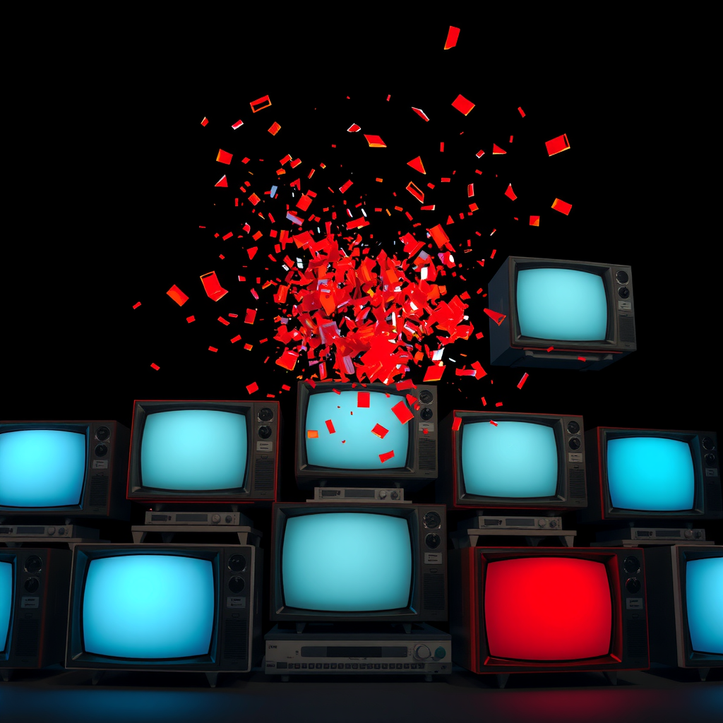 TV sets explode with red glass fragments on black.