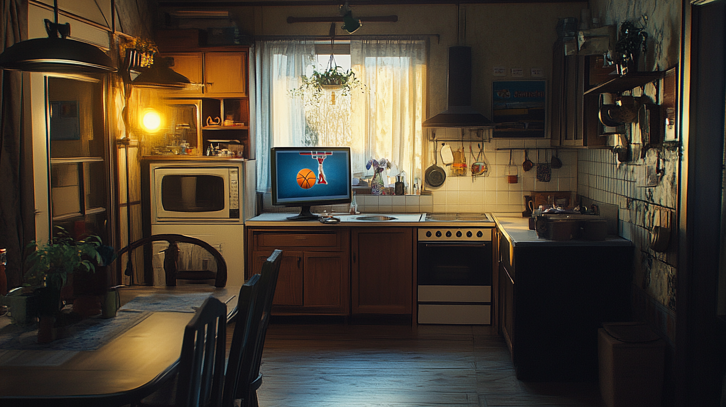 TV with basketball game on table in foreground.