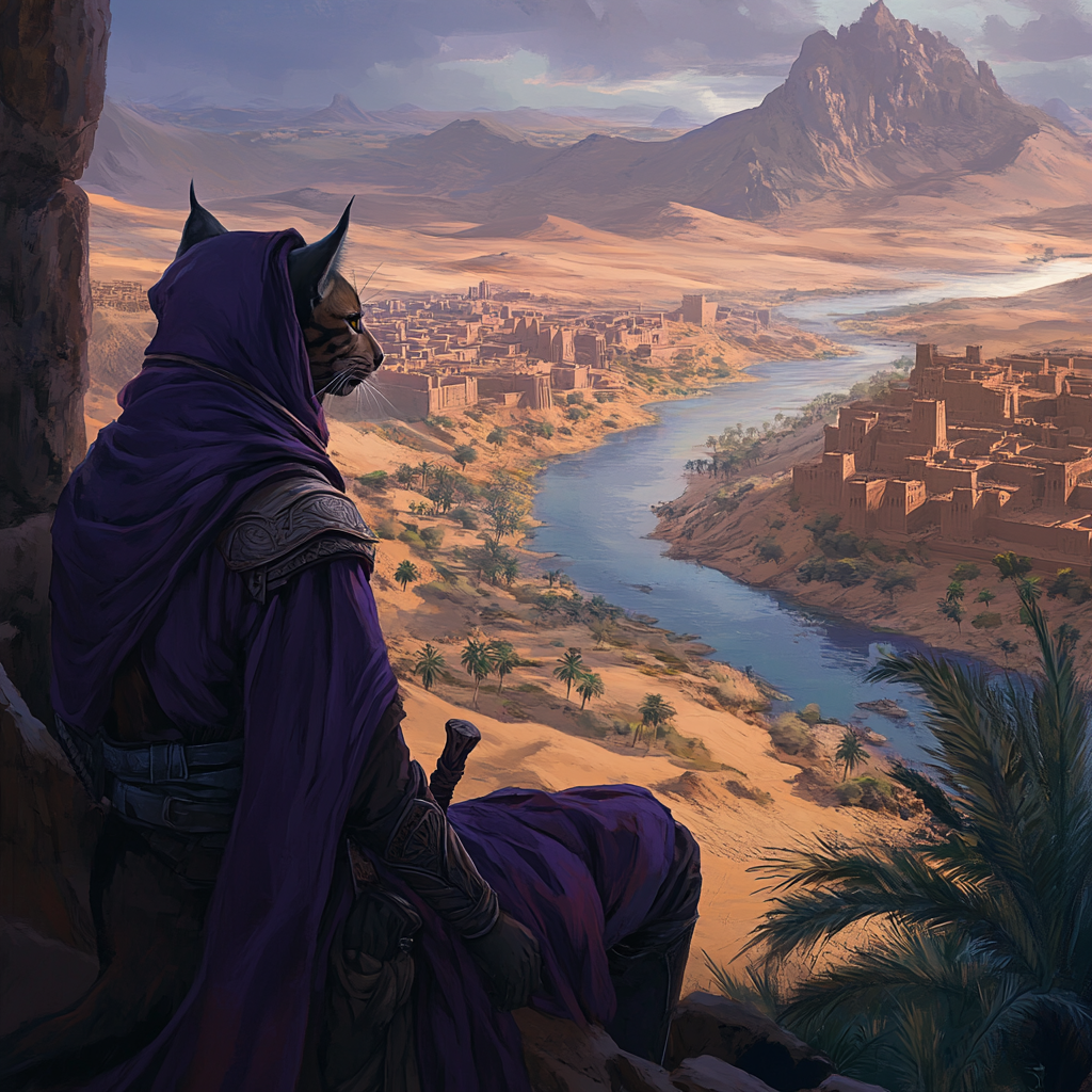 Tabaxi ranger in purple robe overlooking desert city. 