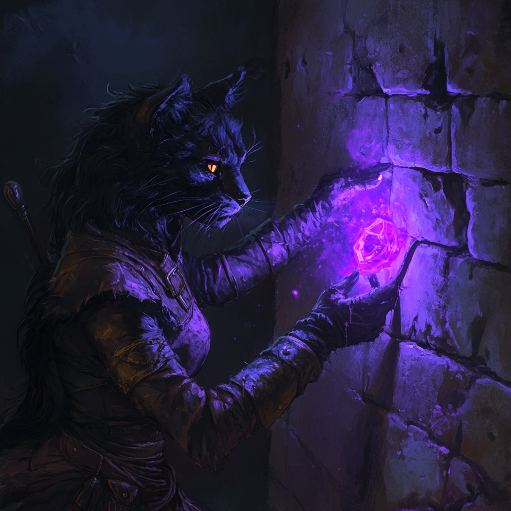 Tabaxi woman with scarred fur extracting a glowing crystal.