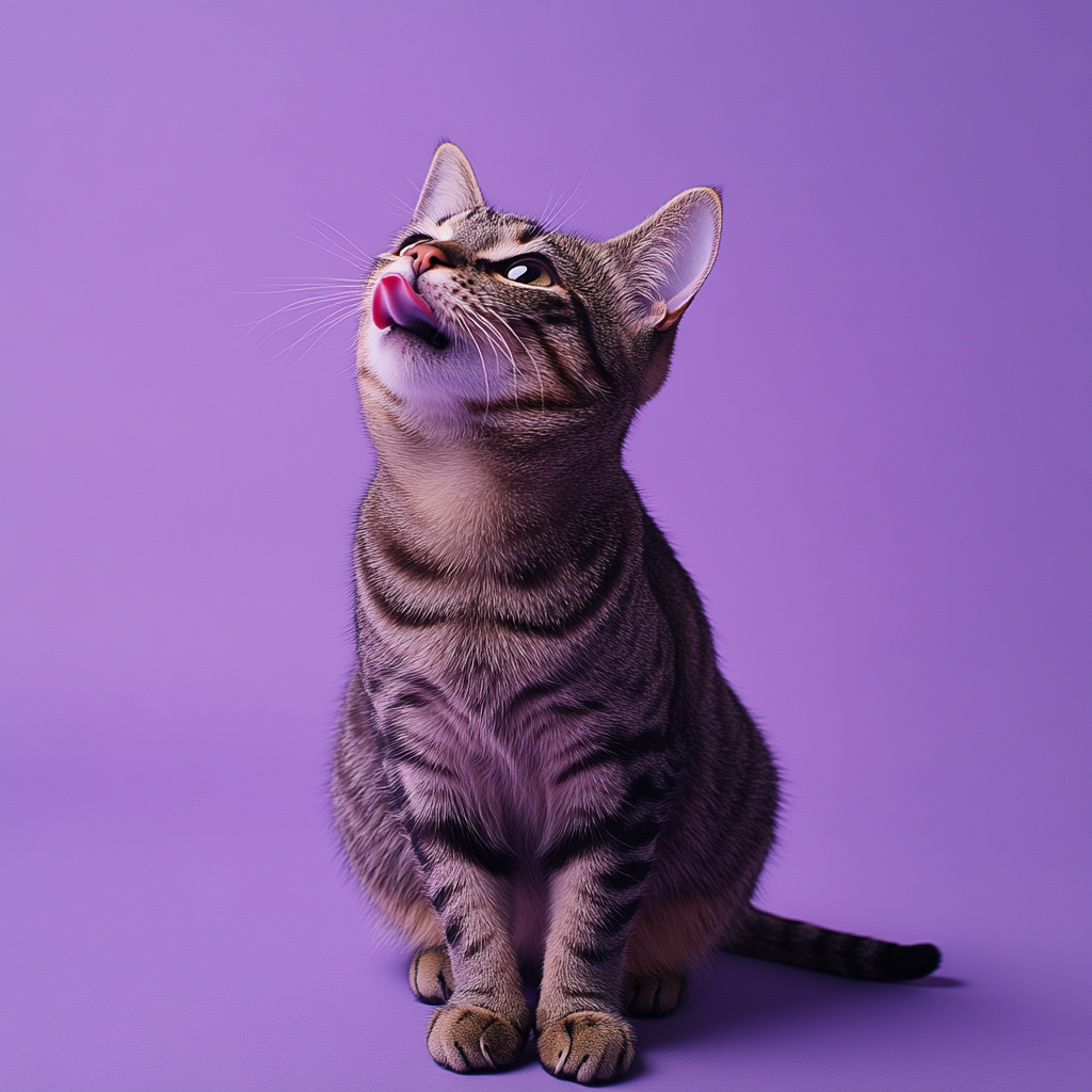 Tabby Cat Elegantly Cleaning Paw on Purple Background