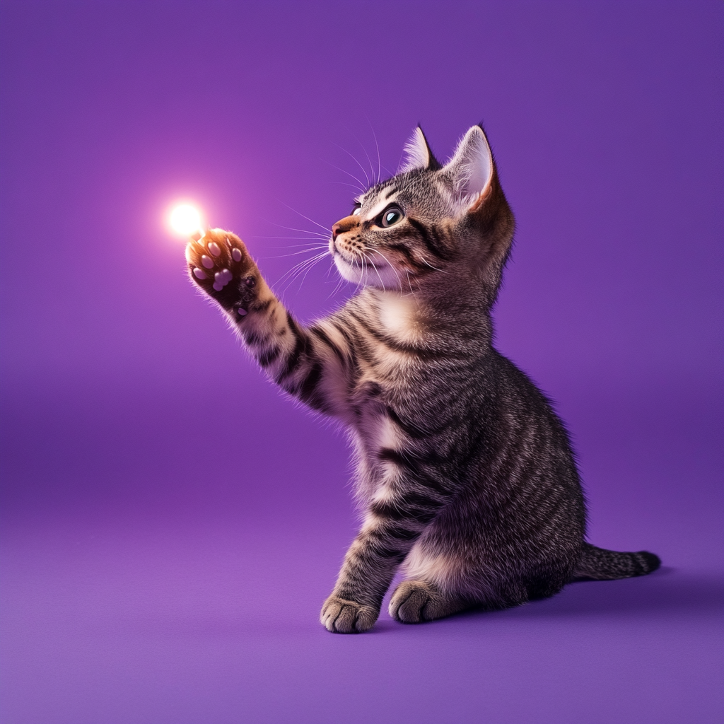 Tabby Cat Reaching for Object on Purple Background