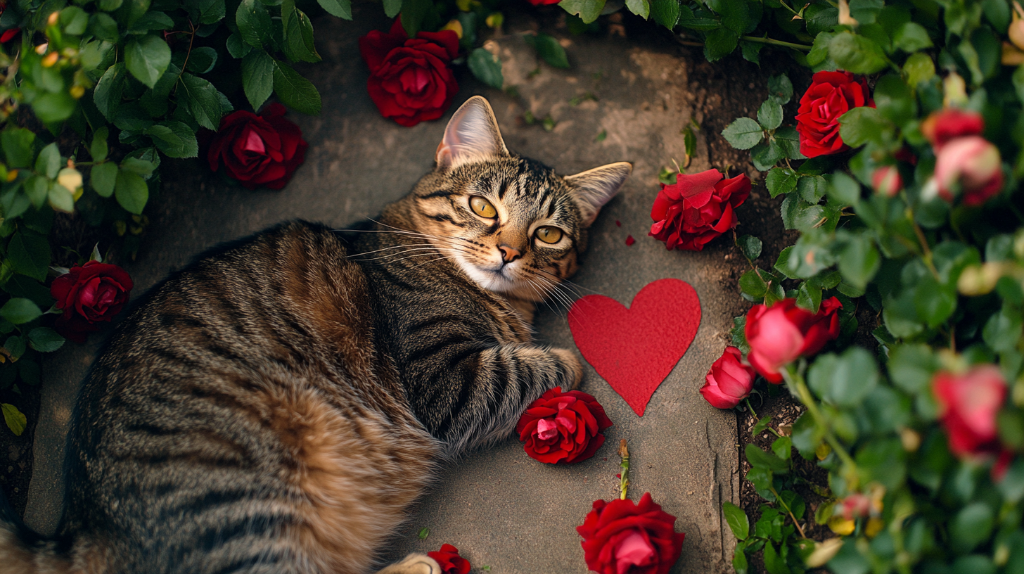 Tabby Cat Rests on Messy Rose Garden