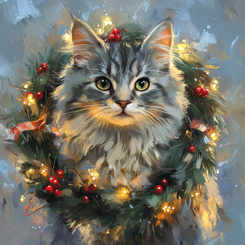 Tabby Cat in anime style painting with Christmas decorations