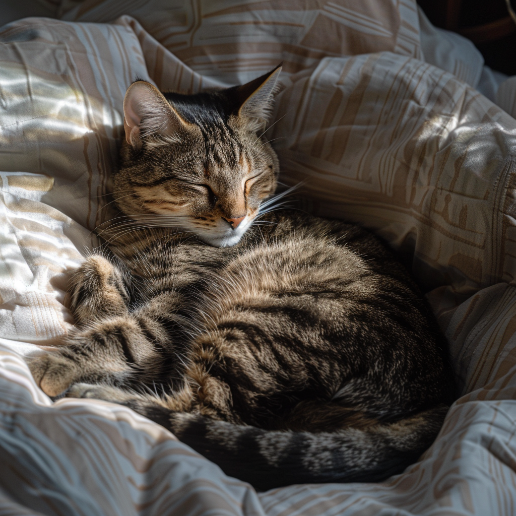 Tabby cat napping in sunbeam, cozy bedroom scene.